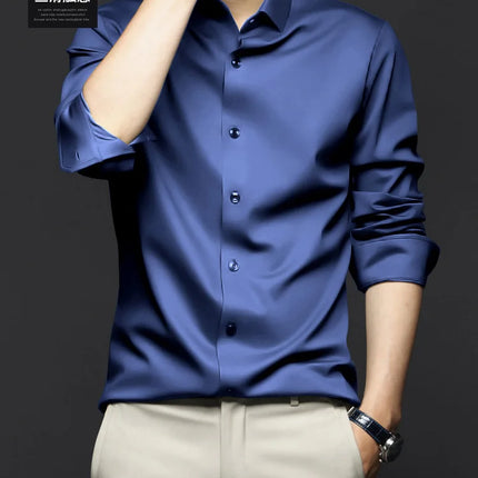 6XL Men Shirt Long Sleeve Slim Fit Luxury Smooth Soft Anti-wrinkle Non-ironing Solid Color Ice Silk Shirts Men Long Sleeve