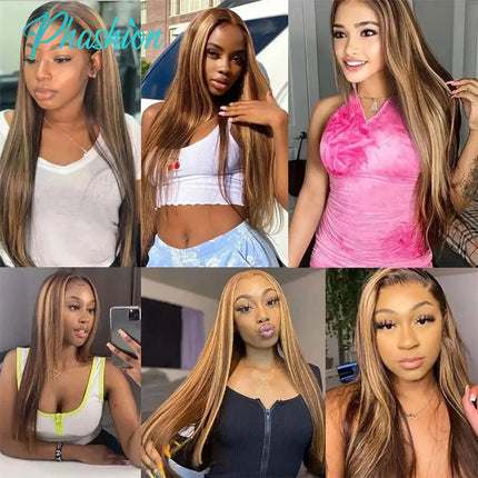 Phashion 28 26 Inch Long Highlight 13x6 13x4 Lace Frontal Straight Transparent P4/27 6 by 6 5x5 4x4 2x6 Closure 100% Human Hair