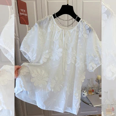 Spring New Flower Embroidered Cotton White Shirt Women Loose Sweet O-neck Long-sleeved Shirts