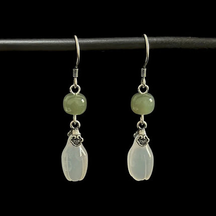 PANJBJ 925 Sterling Silver Jade Drop Earring for Women Zircon Round  Classic Grace Ethnic Jewelry Anniversary Gift Dropshipping