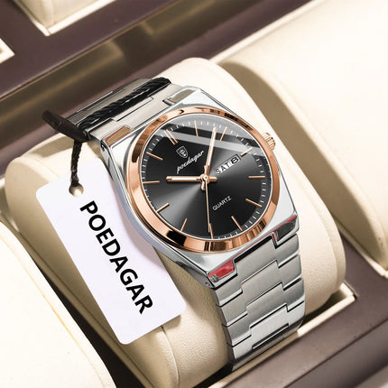 POEDAGAR Luxury Men's Quartz Wristwatch Waterproof Luminous Date Week Man Watch Stainless Steel Business Fashion Watches For Men
