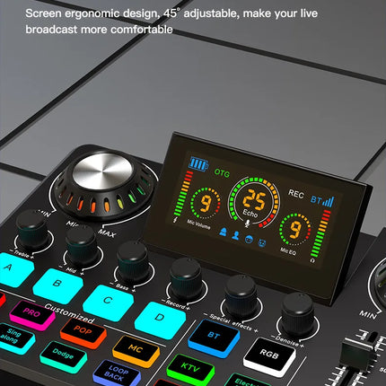 Audio Mixer, Live Sound Card with DJ Mixer Effects & Voice Changer, Sound Board with RGB, Music Recording Equipment