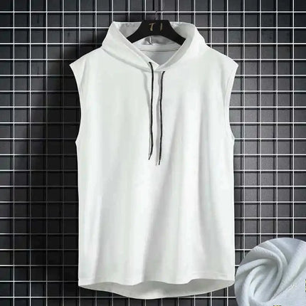 Men's lace up hooded sleeveless vest, men's summer loose solid color hip-hop T-shirt top, sports vest