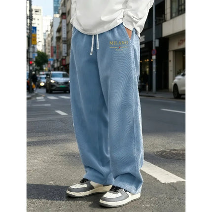 Men's Standing Corduroy Wide Leg Pants with Elastic Drawstring, Loose Straight Leg Pants, MILANO Letter Print, Choose From S-4XL