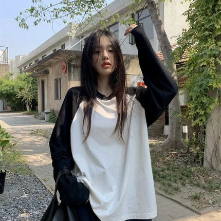 Casual Oversized T Shirt Y2k Tops Harajuku Long Sleeve O-Neck T-Shirts Spring Autumn Black White Patchwork Tees Women Streetwear