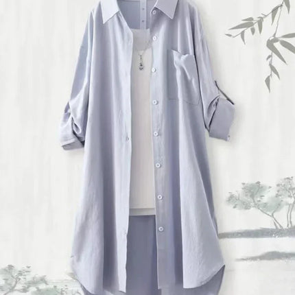 Plus Size Loose Breathable Blouses Midi Shirt Korean Casual Autumn Shirts Women Simple Solid Female Long Sleeved Shirts