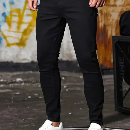 Men Jeans Stretch Skinny Denim Pants Solid Color Black Blue Spring Luxury Street Harajuku Hip-Hop Style Slim Fit Trousers Brand