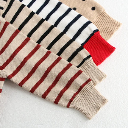 Classic Spring Baby Sweatshirt with Shoulder Buckle 0-3Y Toddler Stripe Knitted Pullover Girls and Boys Loose Base Tops Sweater