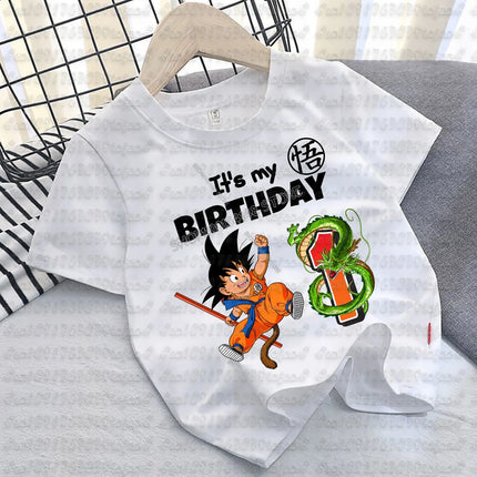 Dragon Ball Goku T-shirt Cotton for Children Birthday Figure Tee Top Boy Girl Clothes Anime Short Sleeve Kids White Loose Gift