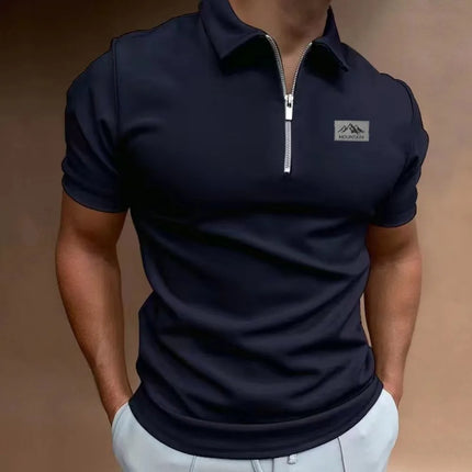 Men's New Summer Polo Shirt, with a Turned-Down Collar and Zipper, a Plain-Colored Casual Style Short-Sleeved T-Shirt