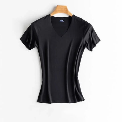 Summer Seamless Breathable Ice Silk T-Shirt Fashion Vest Men's Sports Short Sleeve T-shirt Ice Silk Solid Color V-neck Tees