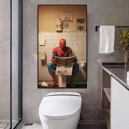 Pop Comic Cartoon Funny Spider-Man Superhero Reading Newspaper Canvas Wall Art Poster, Modern Bathroom Home Room Decor Painting