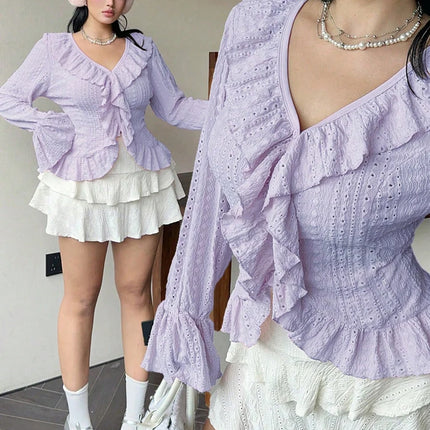 plus Size Women's Pink V-Neck Blouse Elegant French Ruffle Flared Sleeve Sweetheart Bubble Sleeve Casual Chic Top for plus Size