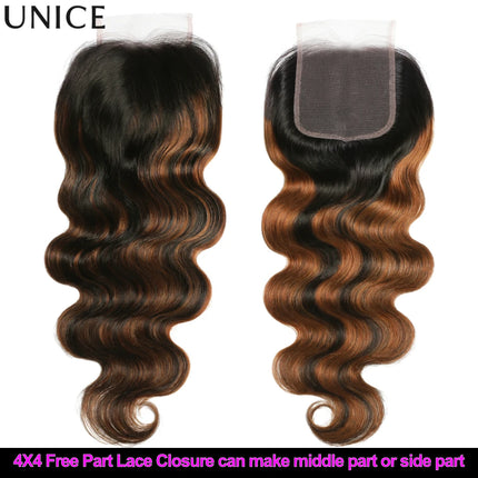 UNice Ombre Brown Highlights Body Wave 4x4 Lace Closure 1PC 100% Human Hair Closure Free Part