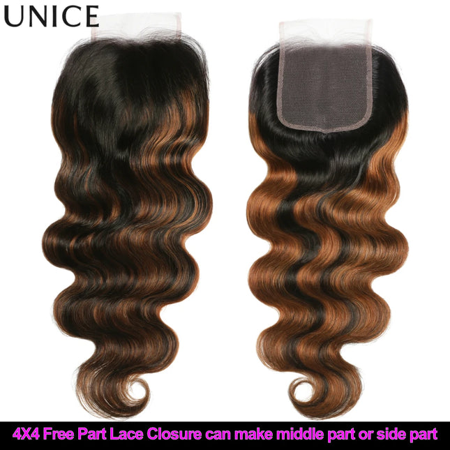 UNice Ombre Brown Highlights Body Wave 4x4 Lace Closure 1PC 100% Human Hair Closure Free Part