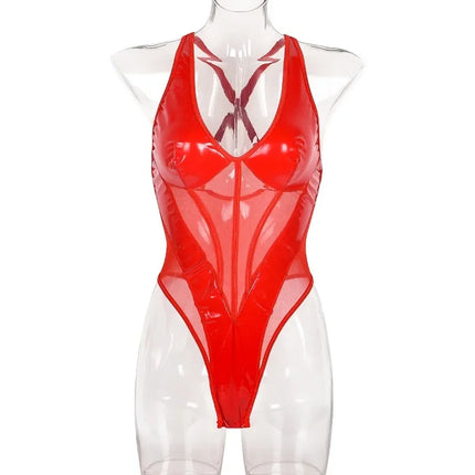 Toucheart Sexy V-neck Sexy Jumpsuit With PU Reflective Patent Leather Splicing Mesh See-through Solid Color Suspender Bodysuit