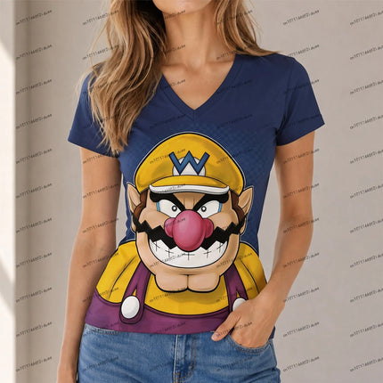 Anime Super Mario Women T-shirt Cuteore V Neck Short Sleeve New Women's XS-5XL Party Summer Fashion Female Clothing Hot Sale