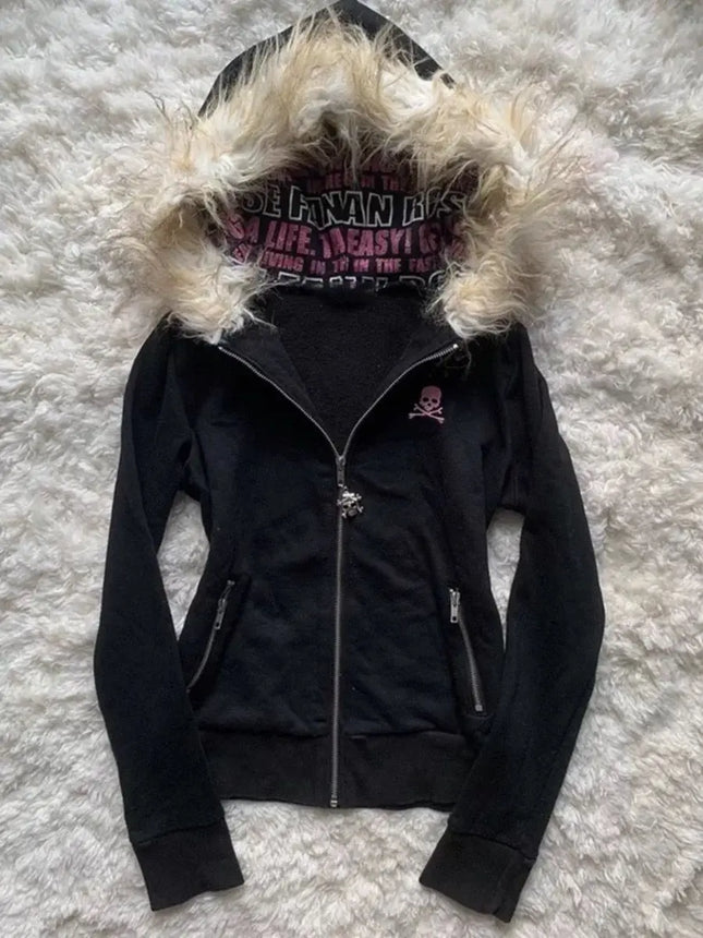 Y2K Retro Fur Collar Zipper  Hoodie Sweatshirts Women Kawaii Letter Graphic Print Tops Jacket Harajuku Gothic Sexy Slim Clothes