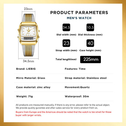LIEBIG Luxury Quartz Watches Fashion Dual Display Time For Mens Women Outdoor Sports Week Waterproof Digital Wristwatch Relojes