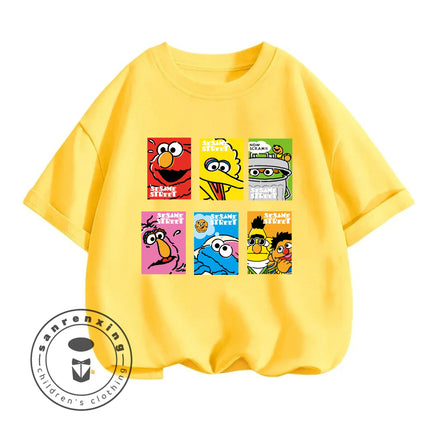 2026 Summer Cute Kawaii Sesame Street Crew Neck Tshirt 3-14Y Kids Boys Girls Cartoon Street Hot Fashion Outdoor Casual