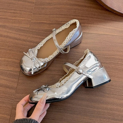 Silvery Women Mary Jane Shoes Elegant Patent Leather Wedding Party Thick Heel Shoes Spring Autumn Concise Zapatos De Mujer