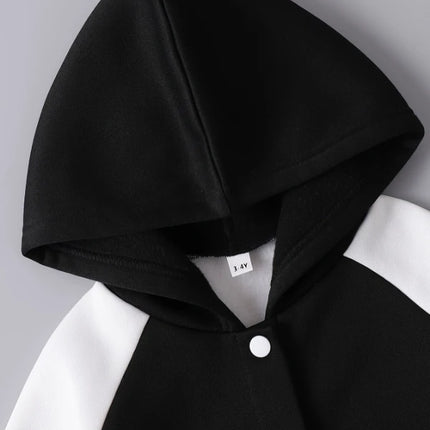 《Toddler 2-Piece Set: Black & White Letter "M" Hooded Baseball Jacket with Matching Pants, Fleece-Lined Kids Outfit》