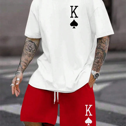 New Men's Short Sleeve Shorts Set Fashion King Printed T-Shirt Shorts 2 Sets of Casual Round Neck Jumper Breathable Sportswear