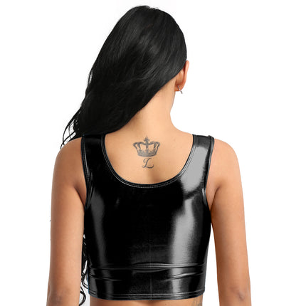 Womens Fashion Shiny Metallic Tank Crop Top Shiny Metallic Vest Tops Bustier Blouse Shirt Camis Rave Party Clubwear Costume