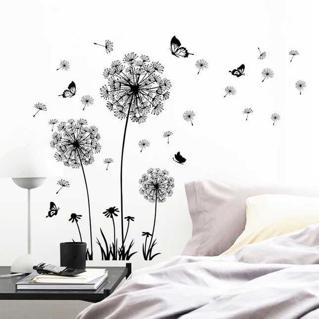 Black dandelion butterfly sticker for living room bedroom decoration self-adhesive wall decor