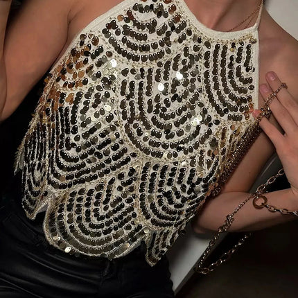 hirigin Women's Halter Sequin Tank Top Backless Tie Up Sexy Sparkly Crop Top Sleeveless Glitter Party Tops Sexy Clubwear