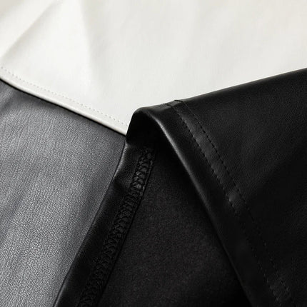 Splice Color Stripe Pu Leather Lapel Collar T Shirt Black Purple Red Polo Shirt Men Women High Quality Casual Short Sleeve Tops