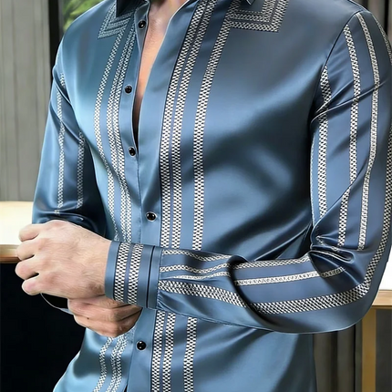 New black satin ethnic style geometric border men's long sleeved shirt retro business casual shirt clothing