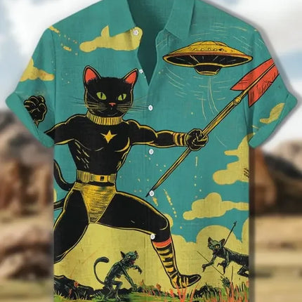 Men's Edo Cat Samurai Warrior Japanese Art Anime Shirts 3D Print Casual Hawaiian Shirts Summer Men Women Short Sleeve Blouse Top