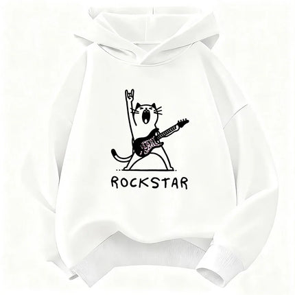 Vintage Rock Star with Music Cat Design Hoodie Kids Cat Children's Sweatshirt Hoody for Boys Girls Hip Hop Casual Hoodies