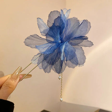New Chinese Style Gentle Gradient Fabric Flower Hair Sticks for Women Sweet Chains Tassel Imitation Pearl Hairpin Fairy Headwear