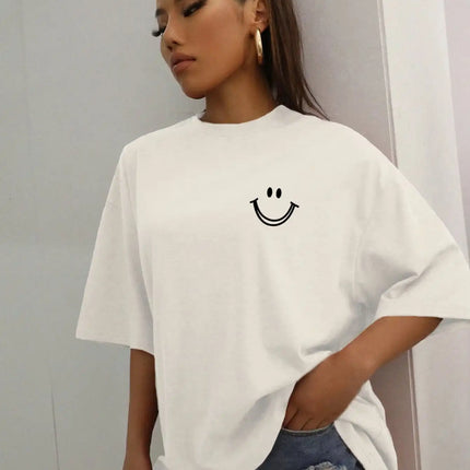 Happy Expression Printed Womens Cotton Short Sleeve Street Hip Hop Tee Clothing All-math Breathable Tops Crewneck Woman T-Shirts