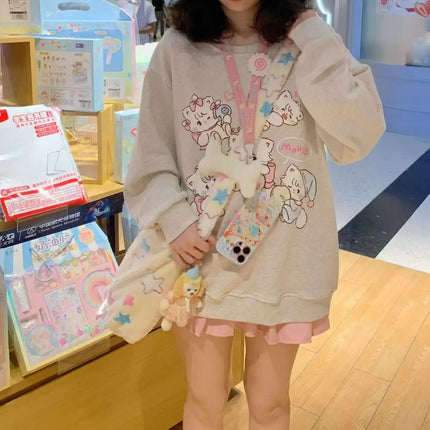 Japanese Kawaii Cartoon Print Long-sleeve Hoodies Harajuku Subculture Aesthetics Sweet Hoodie Tee Fashion Casual Loose Cute Tops