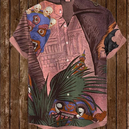 Men's Fashionable Stand up Collar Whale Pattern Retro Short Sleeve Button up Shirt High-Quality Streetwear New 2025