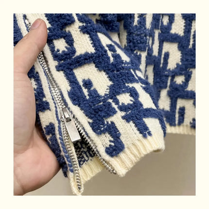 Knitted round Neck Sweater Letter Embroidery Zipper Style Color Block Casual Leisure Autumn Winter Fashion Streetwear for Youth