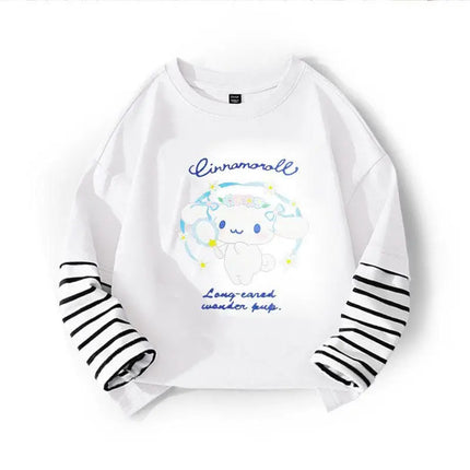 Autumn Baby Girls 100% Cotton Clothes Top Kid Sanrio Cinnamoroll Printed Long Sleeve T-shirts Children Stripe Patchwork Pullover