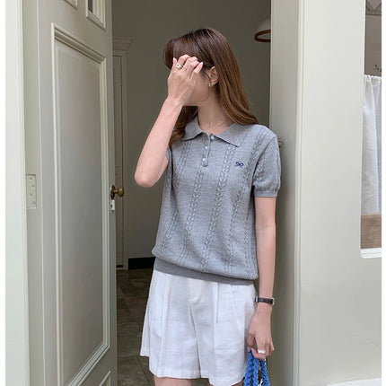 Summer 100% cotton women's T-shirt casual knit pullover short sleeved loose POLO collar Tees Pull luxury brand embroidery Tops
