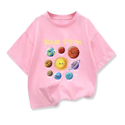 Kids Pure Cotton T-shirt Solar System Graphic Printing Summer Children's Loose Short-sleeved Tees Boys Girls O-Neck Tops