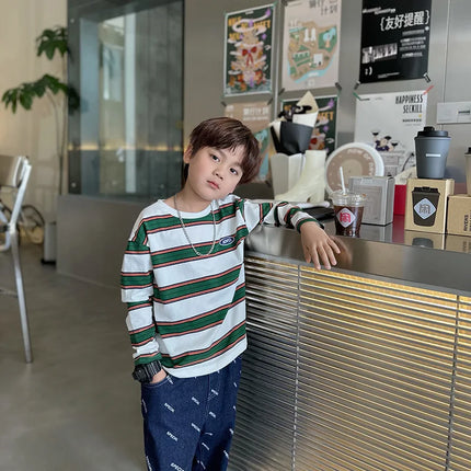 2025 Autumn Children's Clothes Girls Long-Sleeved Base Shirts Cool Boys Striped Cotton T-Shirt Teen Loose Casual 2-7Y Kids Top