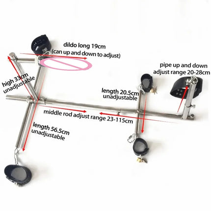 Sex Toys Stainless Steel Bar Spreader with Dildo Holder Restraint Hand Foot Collar Bondage Toture Rack Frame Handcuffs BDSM Tool