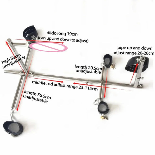 Sex Toys Stainless Steel Bar Spreader with Dildo Holder Restraint Hand Foot Collar Bondage Torture Rack Frame Handcuffs BDSM Tool