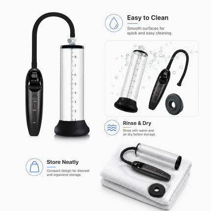 Electric Male Vacuum Pump with Clear Measuring Cylinder Digital Display Black Hose and Man Masturbation Trainer Sex Toy