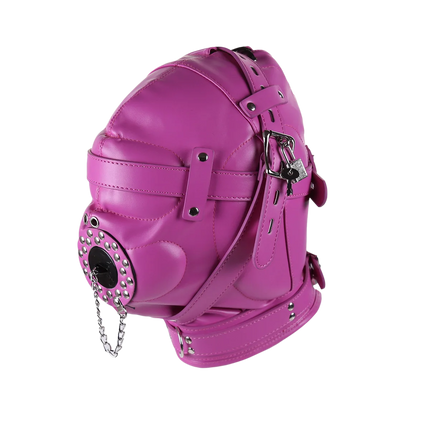 PU Leather Full Head Bondage Hood Mask Adjustable BDSM Headgear Blindfold with Chain Leash Role Play Costume Accessories