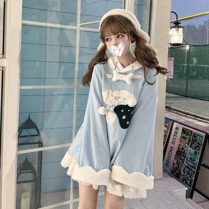 Japanese Girl Cream Spliced Cute Ear Hoodie with Puppy Embroidery Hooded Loose Top Jacket
