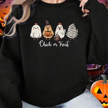 Four Different Shaped Chicks Prints Halloween Sweatshirt Women Winter Fleece Hoodie Crewneck Loose Pullover Casual Soft Clothes