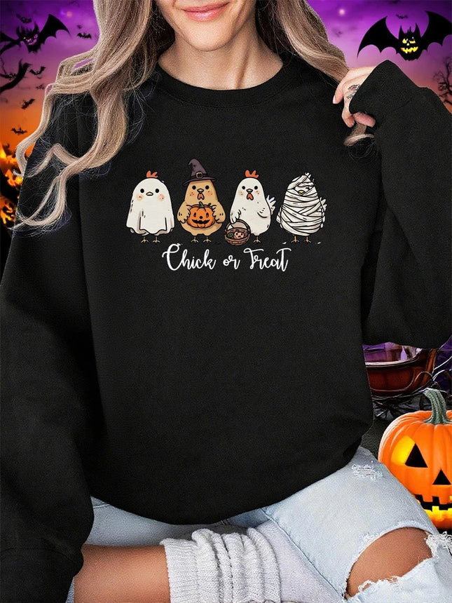 Four Different Shaped Chicks Prints Halloween Sweatshirt Women Winter Fleece Hoodie Crewneck Loose Pullover Casual Soft Clothes